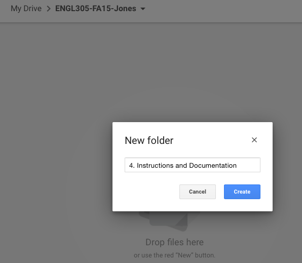 Screen capture from Google Drive of a new folder being created